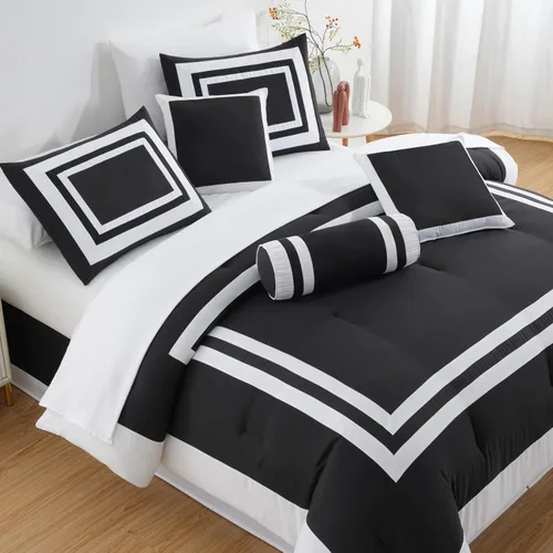 Vista 3 de Chezmoi Collection Caprice Juego de ropa de cama con edredón, de 7 piezas, estilo hotel, con patrón cuadrado en bloque de color moderno