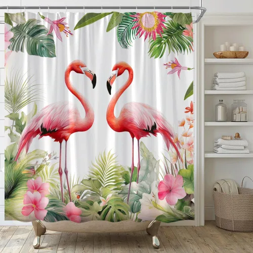 Vista 11 de Cortina de ducha con diseño de flamenco, flor tropical, hoja de palmera verde, juego de decoración de baño con ganchos