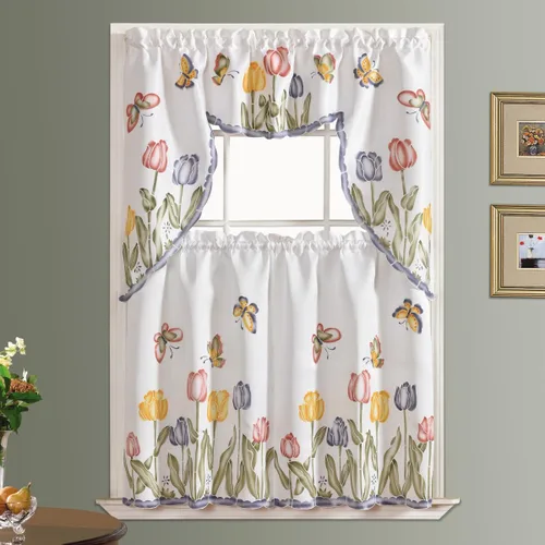 Vista 4 de GOHD - Juego de 3 cortinas de cocina estilo casa de campo, cepilladas al aire a mano de flores y mariposas en tela de satén gruesa