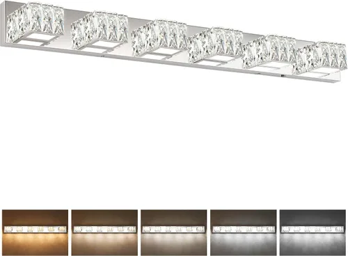 Vista 14 de Lámpara LED de baño – Moderna lámpara de tocador de cristal de 3 luces – Lámpara de pared cromada para baño 5CCT regulable