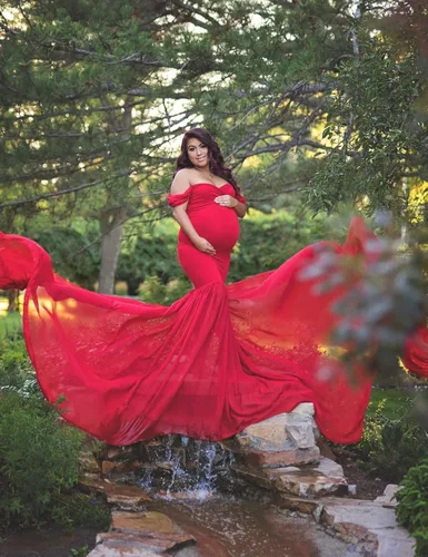 Vista 8 de ORQ Vestido de gasa de maternidad con hombros descubiertos para accesorios de fotos, vestido maxi de fotografía para sesión de fotos