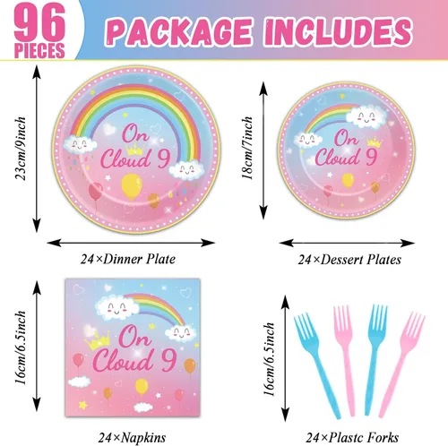 Vista 2 de 96 piezas de decoraciones de cumpleaños de On Cloud 9 para niñas, suministros de platos y servilletas de fiesta On Cloud 9, juego de vajilla
