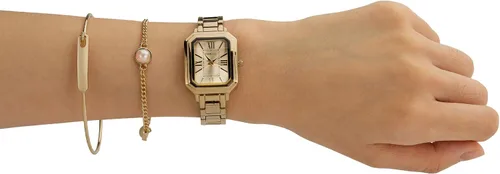 Vista 2 de TIME100 Juego de reloj rectangular para mujer con pulsera, cadena y 4 pares de aretes, caja de regalo rosa con cremallera W50893L