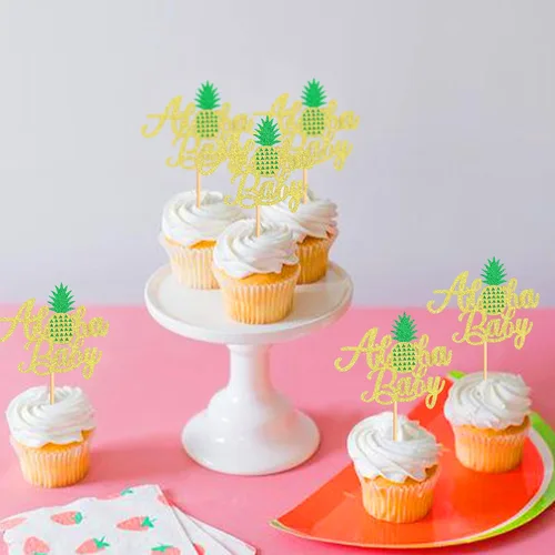 Vista 3 de Ercadio Aloha - Paquete de 24 adornos para cupcakes de piña con purpurina Hawaii Aloha Baby Cupcake Picks Hawaiian Luau Tropical Summer Aloha