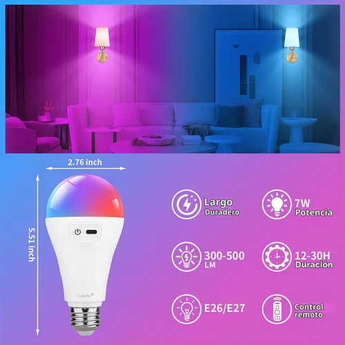Vista 3 de Bombillas recargables de 5200 mAh para lámparas, bombilla LED de reserva de batería con control remoto, paquete de 4 bombillas de emergencia
