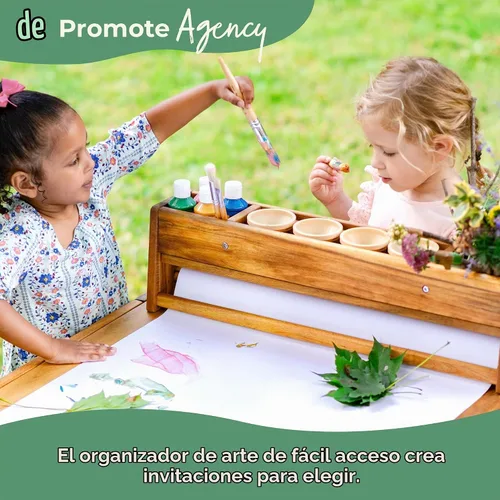 Vista 9 de Guidecraft Juego de mesa y taburete de arte para exteriores Acadia: mesa de madera de acacia para niños con 2 sillas, rollo de papel