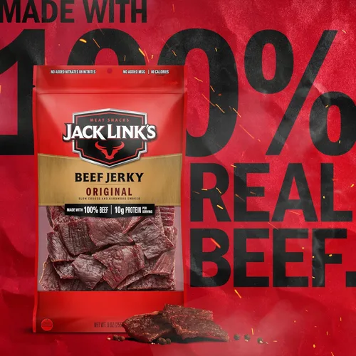 Vista 3 de Jack Link's Carne seca original, gran aperitivo diario, 0.35 oz de proteína y 80 calorías, hecha con 100% carne de res, 96% libre de grasa, sin MSG