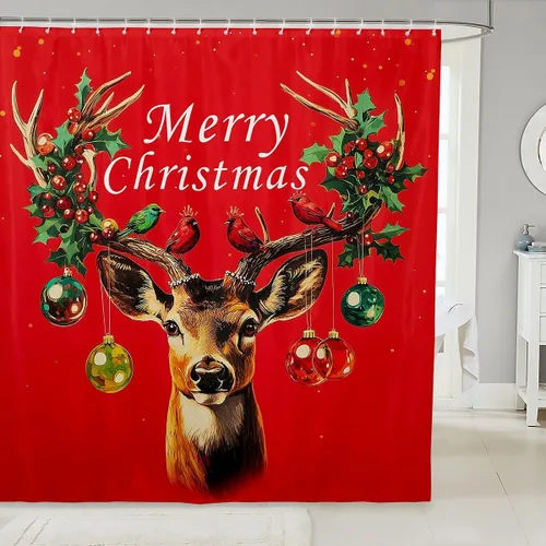 Vista 8 de Homewish Cortina de ducha de árbol de Navidad, juego de cortina de ducha de baño con diseño de copo de nieve dorado para niños y adultos, cortina