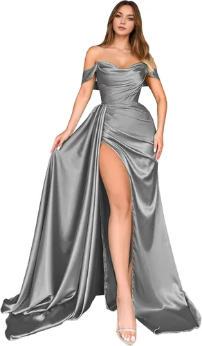 Vista 15 de Dream Wedding Vestidos de fiesta de satén con hombros descubiertos con Agua
