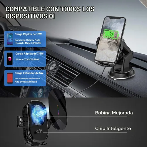 Vista 2 de Soporte inalámbrico con cargador para vehículo, con sujeción automática Qi, 10 vatios, 7.5 vatios, de carga rápida, para teléfono, soporte