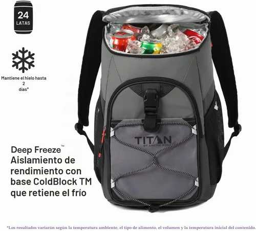 Vista 2 de [Usado] Mochila enfriadora Titan para 24 latas, mantiene el hielo hasta 2 días Gris Piel de Tiburón