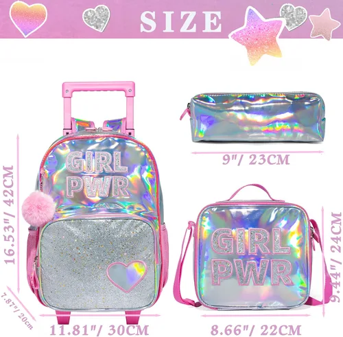 Vista 2 de HTgroce Mochila con ruedas para niñas, mochila escolar con ruedas, bolsa escolar con bolsa de almuerzo y bolsa para lápices, mochila con ruedas