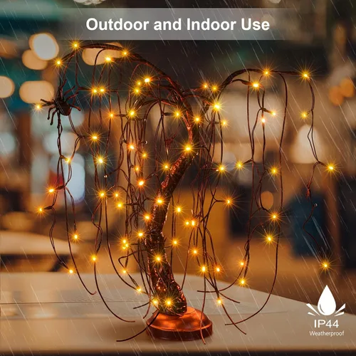 Vista 2 de Luz de bonsái de sauce iluminada de 24 pulgadas para Halloween, 80 luces LED naranjas, lámpara de mesa, árbol artificial, decoración de escritorio