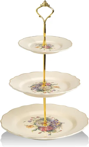 Vista 21 de Sweejar Soporte de cerámica para tartas de 3 niveles, soporte para postres, soporte para cupcakes, bandeja para servir pasteles de fiesta de té
