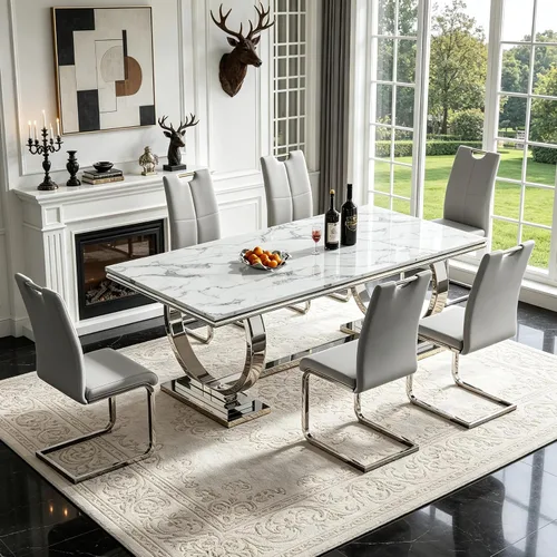 Vista 31 de 5 Piece Black Marble Dining Table Set for 4, Modern Faux Marble Kitchen Dining Room Tables with 4 Leather Chairs Set, 68.11" Luxury Rectangular