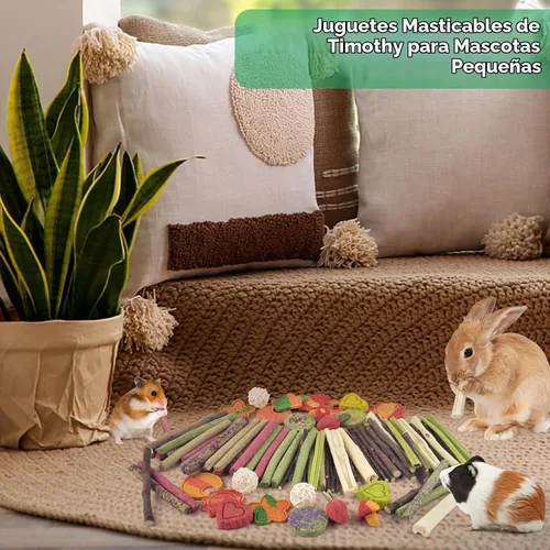 Vista 6 de ERKOON 80 juguetes masticables de conejo para dientes de conejo, juguetes naturales de conejo de madera de manzana, zanahoria, golosinas de hierba