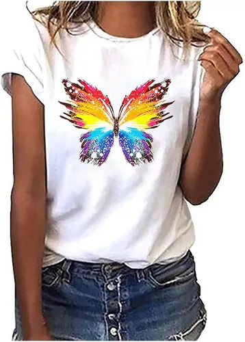 Vista 6 de Camisas Manga Corta Mujer Blusas Estampado Libélula y Mariposa a la Moda Camisetas Manga Corta Corazón Estampado