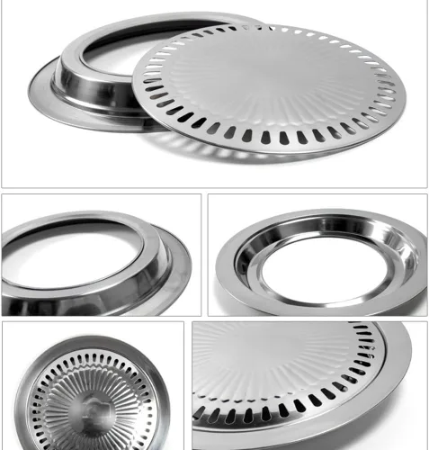 Vista 7 de Sartén coreana para barbacoa para estufa, sartén redonda de acero inoxidable de 11.81 x 1.1 pulgadas, placa de parrilla de campamento