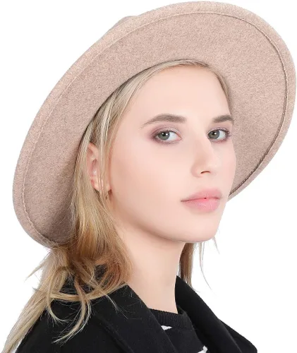 Vista 3 de Lanzom Sombrero de lana clásica para mujer con hebilla de cinturón y ala ancha Panamá