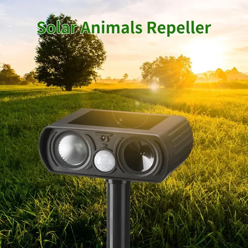 Vista 5 de Qualirey Paquete de 3 repelentes solares ultrasónicos de animales para exteriores, impermeable, defensor de gatos con detección de movimiento
