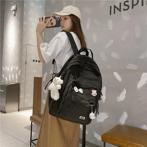 Vista 7 de Mochila Kawaii con oso de peluche, accesorios de pin kawaii, bonita bolsa de libros estética, bolsas escolares para niñas y adolescentes, Negro