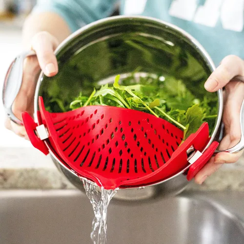 Vista 4 de Arlig Colador de pasta con clip de silicona, ajuste universal para todas las ollas y cuencos, escurridor a presión para carne, verduras, colador