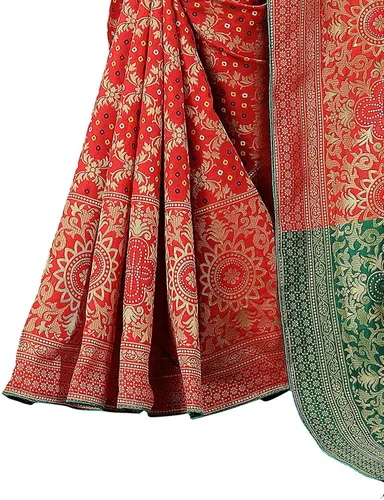 Vista 3 de Indian Hawker Banarasi Bandhani - Sari tejido de mezcla de seda de algodón para mujer con blusa sin costuras