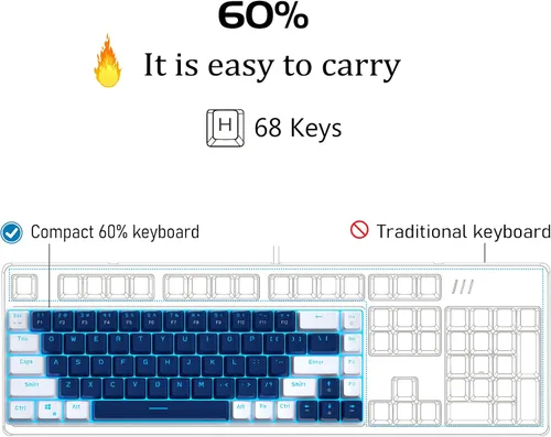 Vista 4 de Camiysn Teclado mecánico 60%, compacto, 68 teclas, antifantasma con interruptor rojo, luz azul con teclado desmontable tipo C para PC, gamer