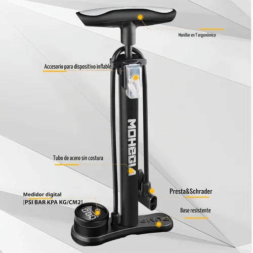 Vista 6 de MOHEGIA Bomba de piso de bicicleta con manómetro: bomba de bicicleta de aire con alta presión 160 PSI, se adapta a la válvula Schrader y Presta