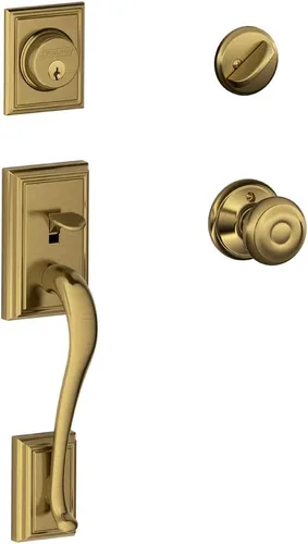 Vista 3 de Juego de manijas para puerta de entrada con pomo Plymouth con moldura Addison en bronce envejecido