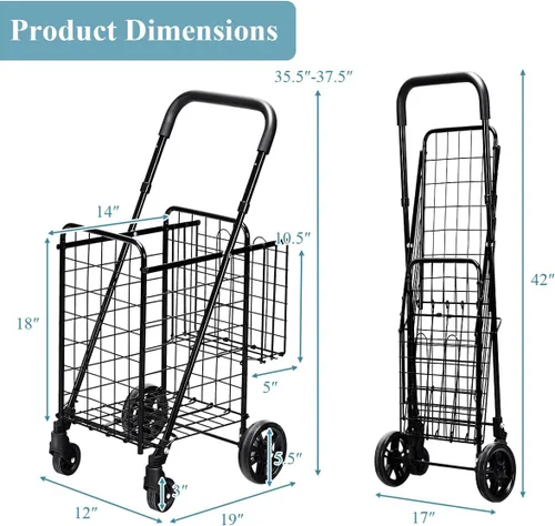 Vista 5 de IRONMAX - Carrito de compras plegable, resistente, con mango ajustable, cesta extra y ruedas giratorias de 360°, carrito ligero para compras, Negro