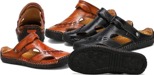 Vista 5 de MIXSNOW Sandalias de cuero para hombre, zapatos de agua casuales de verano, para caminar, al aire libre, playa, viajes, pantuflas (negro 42), Negro