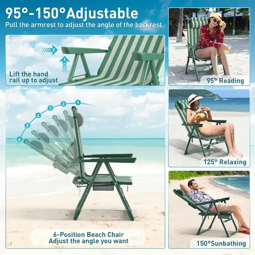 Vista 6 de Suteck Sillas de playa tipo mochila para adultos, paquete de 2, silla reclinable plegable de 6 posiciones con bolsa enfriadora y soporte para tazas