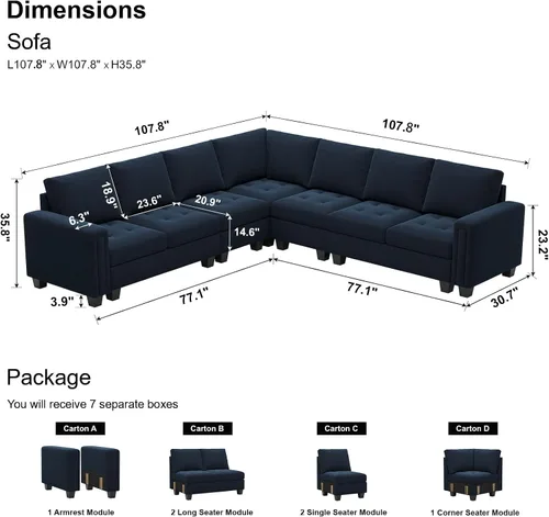 Vista 2 de Belffin Sofá modular de terciopelo en forma de L, sofá seccional convertible de gran tamaño con diván reversible para sala de estar, azul