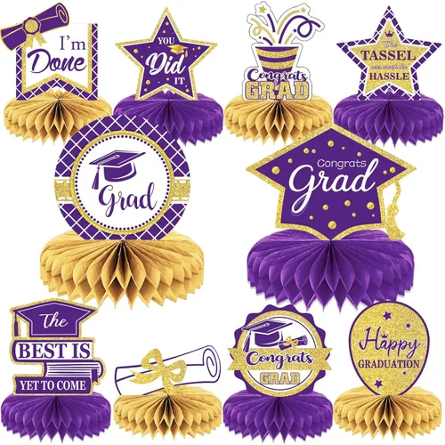 Vista 10 de 10 piezas de decoraciones de fiesta de graduación 2026 Felicidades graduados de panal de abeja centros de mesa de felicitaciones para fiesta