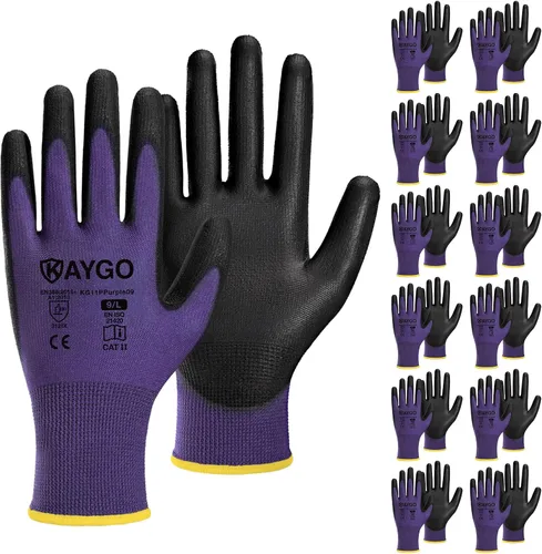 Vista 61 de KAYGO KG11PB - Guantes de trabajo de seguridad con revestimiento de poliuretano, 12 pares de guantes de punto sin costuras para hombres y mujeres