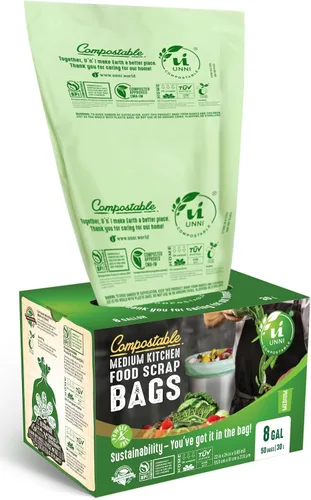 Vista 13 de Bolsas de basura compostables UNNI, 2.6 galones / 9.84 litros, 100 unidades, extra gruesas de 0.71 mil, forros para contenedores pequeños de restos