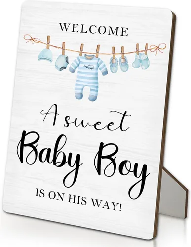 Vista 14 de Letrero azul de bienvenida para baby shower, mesa de ducha de niños y bebés, soporte de madera de 5 x 7 pulgadas, decoración de «A Sweet Baby Boy Is