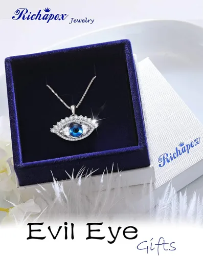 Vista 6 de Richapex Evil Eye Necklace for Women 18K Silver Plated Necklace Pure Crystal Eye Pendant Protection Necklace Ojo Turco Turkish Amulet Luck Gifts