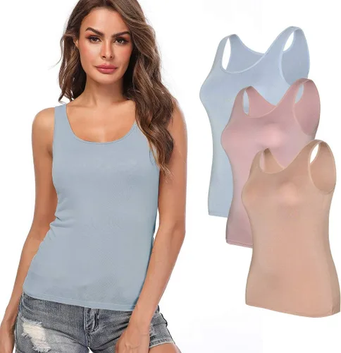 Vista 24 de Camisolas para mujer con brasier integrado, camiseta básica de yoga, camiseta sin mangas acolchada (S-3XL)