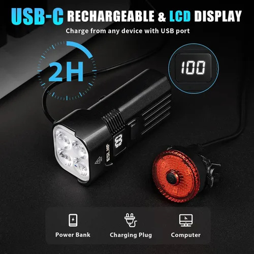 Vista 6 de Luz de bicicleta para conducción nocturna, 2000 lm faro de bicicleta y luz trasera, múltiples modos, 3000 mAh USB C recargable impermeable LED