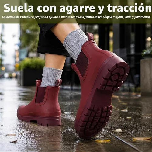 Vista 8 de Planone - Botas cortas de lluvia de ancho amplio para mujer, Chelsea impermeables de moda para mujer, botas de jardín al aire libre mate, botas