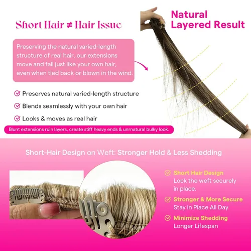 Vista 4 de Ve Sunny Extensiones de cabello clip-in de cabello humano real con reflejos, extensiones de cabello con clip para cabello corto, marrón oscuro