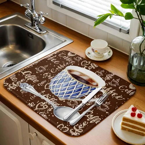Vista 2 de Tapete de secado de platos con temática de café para encimera de cocina, almohadillas de microfibra para tazas de café, rústicas, estilo rústico