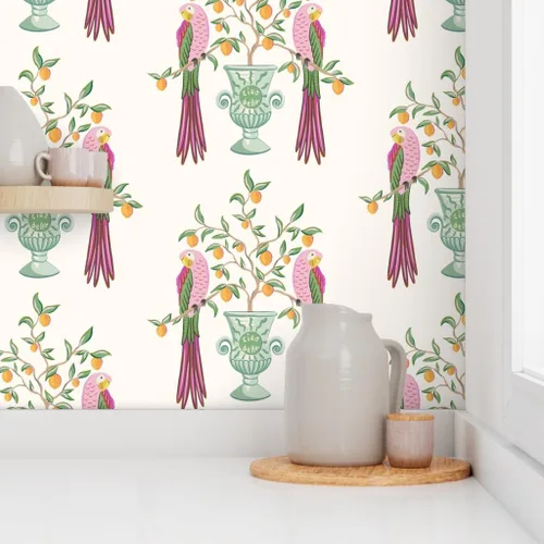 Vista 8 de Muestra de papel tapiz extraíble – Pájaros botánicos tropicales loro cítrico floral caprichoso vid hojas naranja limón italiano personalizado