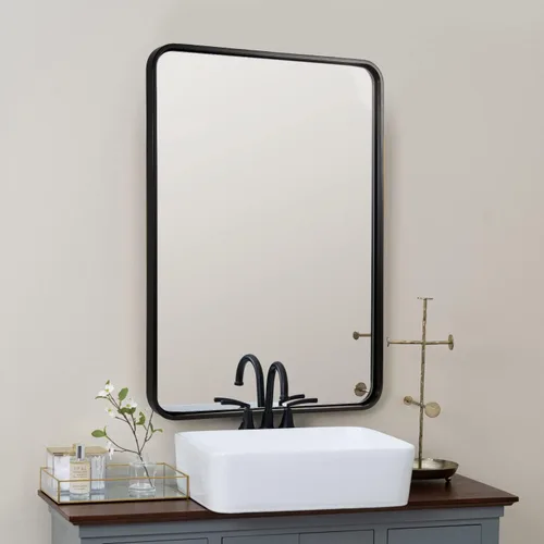 Vista 53 de Espejo de latón para baño, espejo rectangular redondeado de 22x30 pulgadas con marco de metal cepillado dorado, espejo de tocador de baño sin