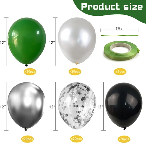 Vista 2 de 100 globos de color verde, plateado, negro y blanco, cromados, metálicos y globos de confeti para decoraciones de graduación, cumpleaños, baby