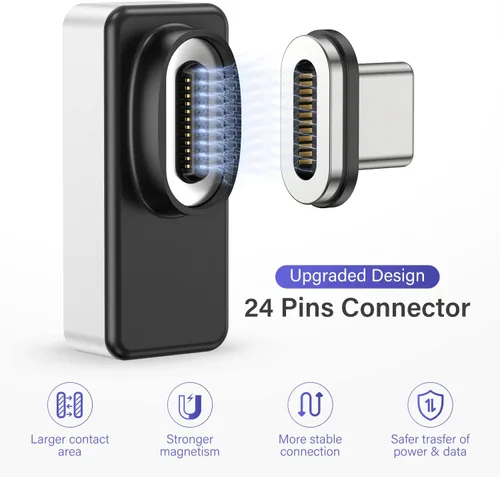 Vista 2 de Adaptador magnético USB C de 24 pines, conector tipo C compatible con carga rápida PD 240W, transferencia de datos USB 4.0 de 40 Gb/s y salida