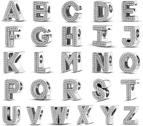 Vista 4 de CINKOLA Dijes de plata de ley 925 con letras del alfabeto de la A a la Z con piedras cúbicas, dijes aptos para pulseras europeas originales, dijes
