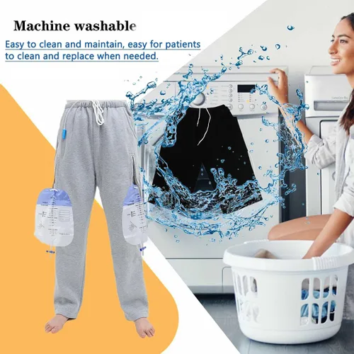 Vista 6 de Pantalones de catéter para hombres/mujeres, pantalones de nefrostomía/urinaria, capacidad para 2 bolsas de orina (negro, cintura: 25.9''37'')